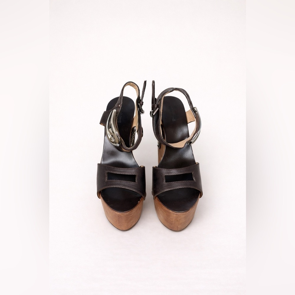 Roberto Cavalli Black and Brown Wedge Sandals